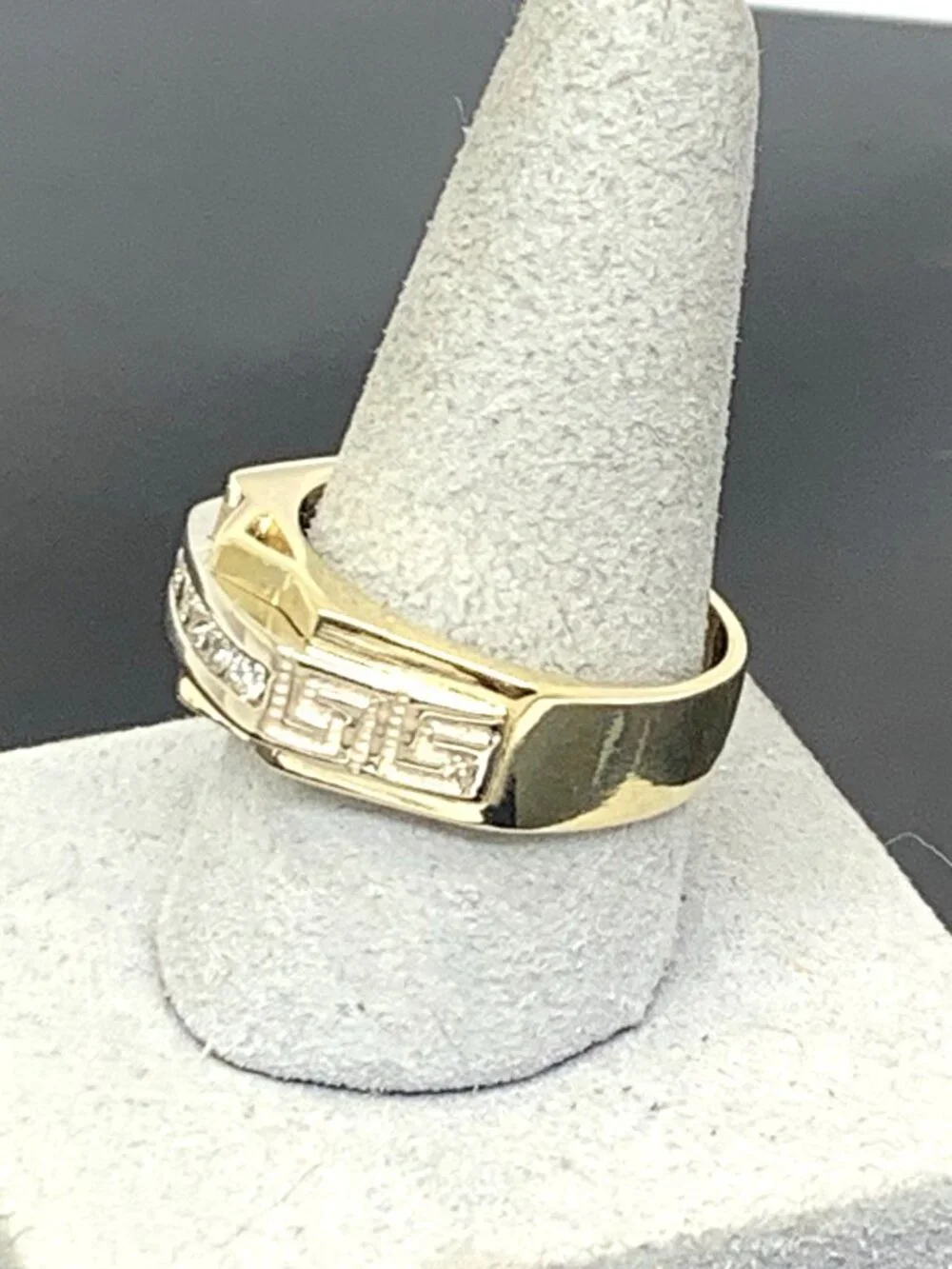 Men's Ring 14k Yellow Gold Diamond 0.25ctw Statement Greek Key Pattern Size 11.5